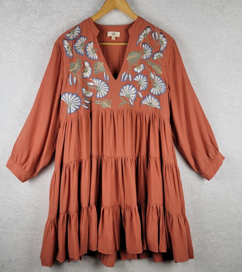 Western L Knee Dress Brown Long Sleeve Tiered Embroidered Boho Chic Festival